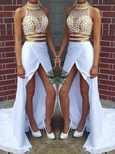 Elegant Halter Sleeveless Beaded Chiffon Prom Dress with Sweep Train